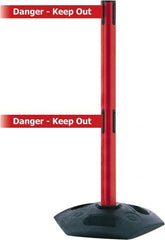 Tensator - 38" High, 2-1/2" Pole Diam, 4 Way Stanchion - 19" Base Diam, Octagon Recycled Rubber Base, Red Plastic Post, 13' x 2" Tape, Dual Line Tape, For Outdoor Use - Exact Tooling