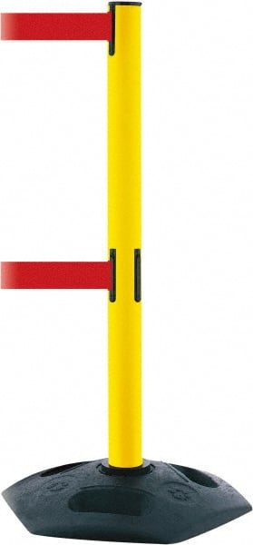 Tensator - 38" High, 2-1/2" Pole Diam, 4 Way Stanchion - 19" Base Diam, Octagon Recycled Rubber Base, Yellow Plastic Post, 13' x 2" Tape, Dual Line Tape, For Outdoor Use - Exact Tooling