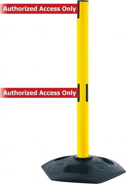 Tensator - 38" High, 2-1/2" Pole Diam, 4 Way Stanchion - 19" Base Diam, Octagon Recycled Rubber Base, Yellow Plastic Post, 13' x 2" Tape, Dual Line Tape, For Outdoor Use - Exact Tooling