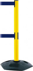Tensator - 38" High, 2-1/2" Pole Diam, 4 Way Stanchion - 19" Base Diam, Octagon Recycled Rubber Base, Yellow Plastic Post, 13' x 2" Tape, Dual Line Tape, For Outdoor Use - Exact Tooling