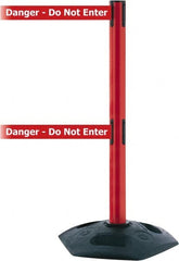 Tensator - 38" High, 2-1/2" Pole Diam, 4 Way Stanchion - 19" Base Diam, Octagon Recycled Rubber Base, Red Plastic Post, 13' x 2" Tape, Dual Line Tape, For Outdoor Use - Exact Tooling