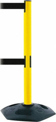 Tensator - 38" High, 2-1/2" Pole Diam, 4 Way Stanchion - 19" Base Diam, Octagon Recycled Rubber Base, Yellow Plastic Post, 13' x 2" Tape, Dual Line Tape, For Outdoor Use - Exact Tooling