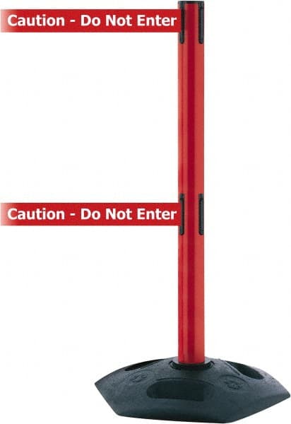 Tensator - 38" High, 2-1/2" Pole Diam, 4 Way Stanchion - 19" Base Diam, Octagon Recycled Rubber Base, Red Plastic Post, 13' x 2" Tape, Dual Line Tape, For Outdoor Use - Exact Tooling