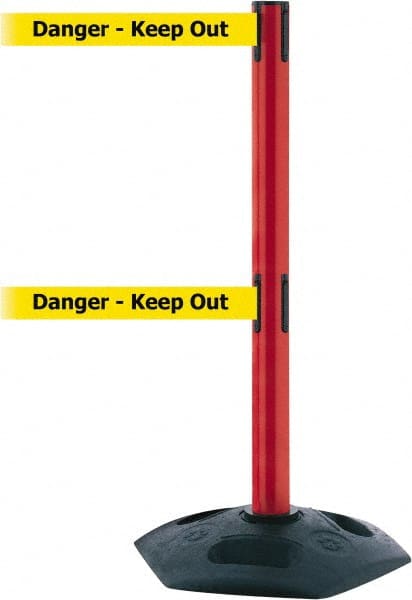 Tensator - 38" High, 2-1/2" Pole Diam, 4 Way Stanchion - 19" Base Diam, Octagon Recycled Rubber Base, Red Plastic Post, 13' x 2" Tape, Dual Line Tape, For Outdoor Use - Exact Tooling