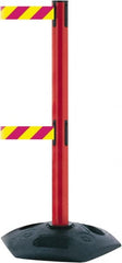 Tensator - 38" High, 2-1/2" Pole Diam, 4 Way Stanchion - 19" Base Diam, Octagon Recycled Rubber Base, Red Plastic Post, 13' x 2" Tape, Dual Line Tape, For Outdoor Use - Exact Tooling