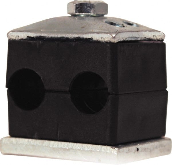 HYDAC - 3.35" Wide x 2.34" High x 1.18" Deep, Polypropylene Twin Vibration-Control Clamp - Carbon Steel Plate, For 3/4" Pipe, Mount with Weld Plate, Top Plate, Plastic Clamp Pair, Bolts - Exact Tooling