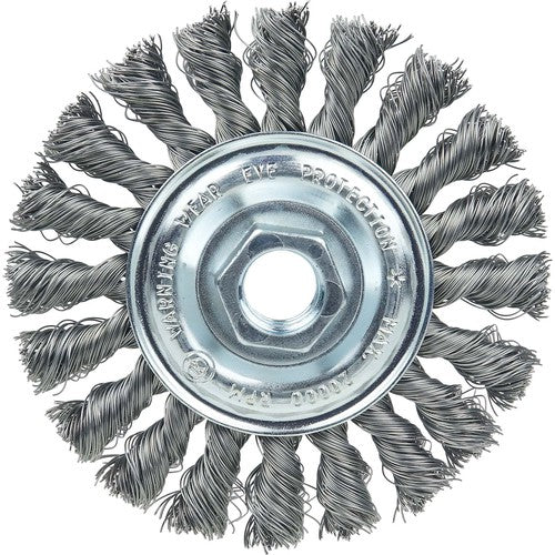 Vortec Pro 4″ Knot Wire Wheel, Standard Twist, .014″ , 5/8″-11 UNC Nut, Steel Wire - Exact Tooling