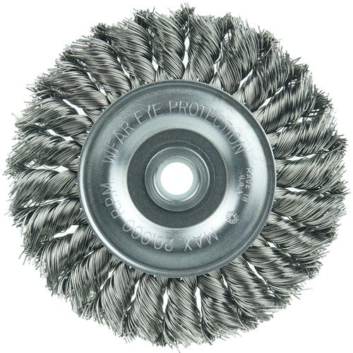 Vortec Pro 4″ Knot Wire Wheel, Standard Twist, .014″ Steel Fill, 1/2″-3/8″ Arbor Hole - Exact Tooling