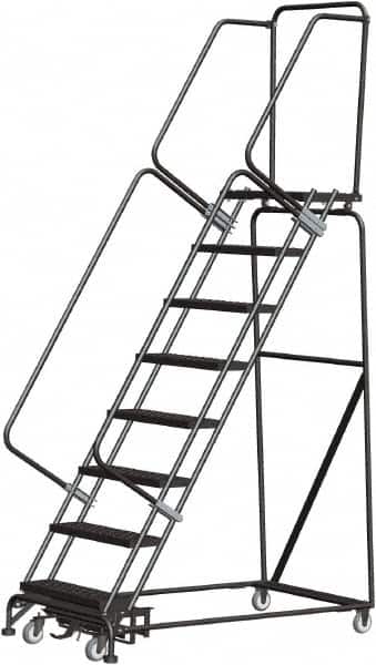 Ballymore - 113" 8 Step Rolling Warehouse Ladder - Lock Step Rolling Safety Ladder, 450 Lb Capacity, 80" Platform Height, 32" Base Width x 61" Base Depth, Perforated Tread - Exact Tooling