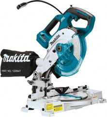 Makita - 36 Amp, 18 Volt, 5,000 RPM, 52° Double Bevel Miter Saw - 5/8" Arbor, 6-1/2" Blade Diam, Includes Triangular Rule, Vertical Vise, Dust Bag, (1) 6-1/2" x 5/8" 64T Micro-Polished Miter Saw Blade & Hex Wrench - Exact Tooling