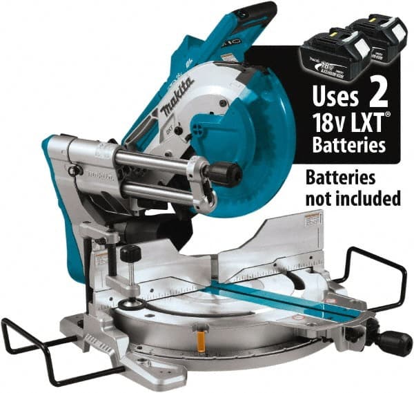 Makita - 36 Amp, 18 Volt, 4,400 RPM, 60° Double Bevel Sliding Miter Saw - 5/8" Arbor, 10" Blade Diam, Includes Vertical Vise, Triangular Rule, Dust Bag, Hex Wrench, 10" x 5/8" 40T Micro-Polished Miter Saw Blade & Wireless Unit - Exact Tooling