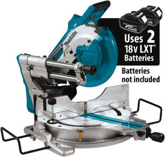 Makita - 36 Amp, 18 Volt, 4,400 RPM, 60° Double Bevel Sliding Miter Saw - 5/8" Arbor, 10" Blade Diam, Includes Vertical Vise, Triangular Rule, Dust Bag, Hex Wrench, 10" x 5/8" 40T Micro-Polished Miter Saw Blade & Wireless Unit - Exact Tooling