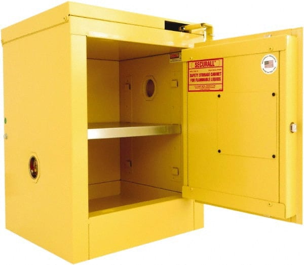 Securall Cabinets - 1 Door, 1 Shelf, Yellow Steel Standard Safety Cabinet for Flammable and Combustible Liquids - 24" High x 17" Wide x 17" Deep, Self Closing Door, 3 Point Key Lock, 4 Gal Capacity - Exact Tooling