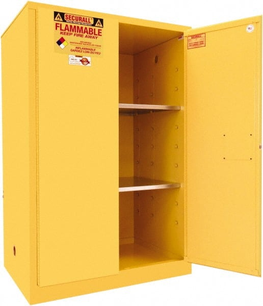 Securall Cabinets - 2 Door, 2 Shelf, Yellow Steel Standard Safety Cabinet for Flammable and Combustible Liquids - 65" High x 43" Wide x 31" Deep, Manual Closing Door, 3 Point Key Lock, 90 Gal Capacity - Exact Tooling