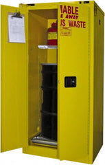 Securall Cabinets - 31" Wide x 31" Deep x 67" High, 18 Gauge Steel Vertical Drum Cabinet with 3 Point Key Lock - Yellow, Self-Closing Door, 1 Shelf, 1 Drum, Drum Rollers Included - Exact Tooling