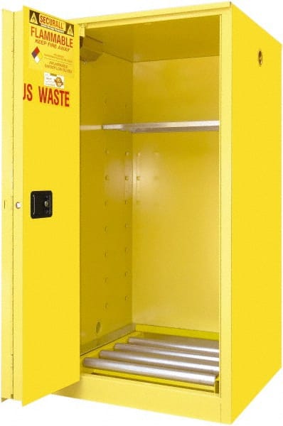 Securall Cabinets - 34" Wide x 34" Deep x 65" High, 18 Gauge Steel Vertical Drum Cabinet with 3 Point Key Lock - Yellow, Self-Closing Door, 1 Shelf, 1 Drum, Drum Rollers Included - Exact Tooling