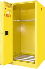 Securall Cabinets - 34" Wide x 34" Deep x 65" High, 18 Gauge Steel Vertical Drum Cabinet with 3 Point Key Lock - Yellow, Self-Closing Door, 1 Shelf, 1 Drum, Drum Rollers Included - Exact Tooling