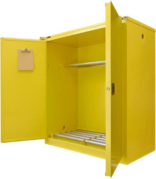 Securall Cabinets - 56" Wide x 31" Deep x 67" High, 18 Gauge Steel Vertical Drum Cabinet with 3 Point Key Lock - Yellow, Self-Closing Door, 1 Shelf, 2 Drums, Drum Rollers Included - Exact Tooling