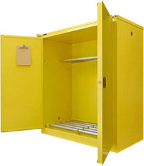 Securall Cabinets - 56" Wide x 31" Deep x 67" High, 18 Gauge Steel Vertical Drum Cabinet with 3 Point Key Lock - Yellow, Self-Closing Door, 1 Shelf, 2 Drums, Drum Rollers Included - Exact Tooling