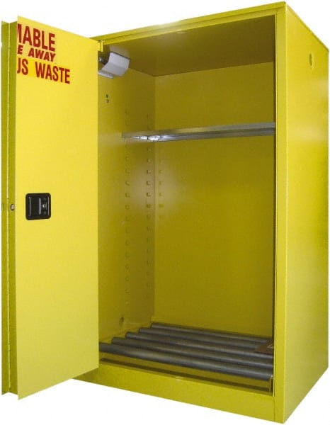 Securall Cabinets - 43" Wide x 31" Deep x 65" High, 18 Gauge Steel Vertical Drum Cabinet with 3 Point Key Lock - Yellow, Self-Closing Door, 1 Shelf, 2 Drums, Drum Rollers Included - Exact Tooling