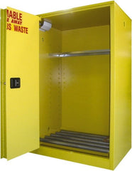 Securall Cabinets - 43" Wide x 31" Deep x 65" High, 18 Gauge Steel Vertical Drum Cabinet with 3 Point Key Lock - Yellow, Self-Closing Door, 1 Shelf, 2 Drums, Drum Rollers Included - Exact Tooling