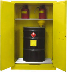 Securall Cabinets - 43" Wide x 31" Deep x 67" High, 18 Gauge Steel Vertical Drum Cabinet with 3 Point Key Lock - Yellow, Self-Closing Door, 1 Shelf, 2 Drums, Drum Rollers Included - Exact Tooling