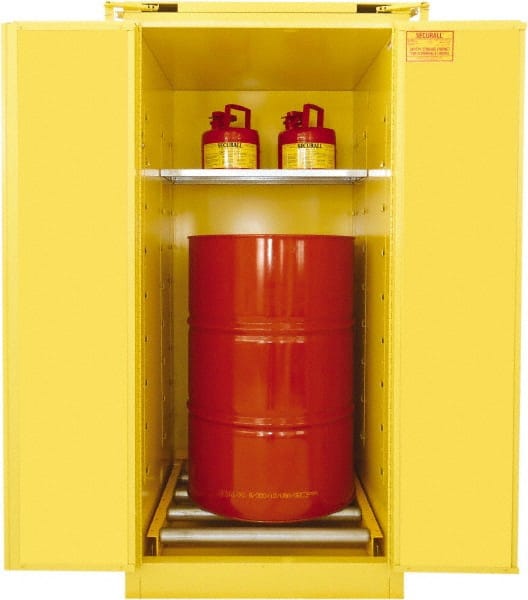 Securall Cabinets - 31" Wide x 31" Deep x 67" High, 18 Gauge Steel Vertical Drum Cabinet with 3 Point Key Lock - Yellow, Self-Closing Door, 1 Shelf, 1 Drum, Drum Rollers Included - Exact Tooling