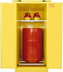 Securall Cabinets - 31" Wide x 31" Deep x 67" High, 18 Gauge Steel Vertical Drum Cabinet with 3 Point Key Lock - Yellow, Self-Closing Door, 1 Shelf, 1 Drum, Drum Rollers Included - Exact Tooling