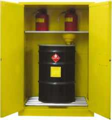 Securall Cabinets - 43" Wide x 31" Deep x 65" High, 18 Gauge Steel Vertical Drum Cabinet with 3 Point Key Lock - Yellow, Sliding Door Door, 1 Shelf, 2 Drums, Drum Rollers Included - Exact Tooling