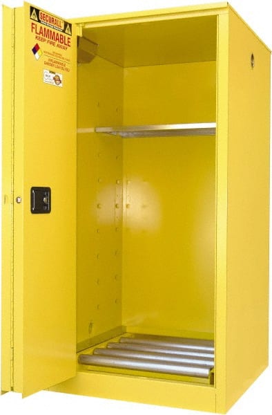 Securall Cabinets - 34" Wide x 34" Deep x 65" High, 18 Gauge Steel Vertical Drum Cabinet with 3 Point Key Lock - Yellow, Sliding Door Door, 1 Shelf, 1 Drum, Drum Rollers Included - Exact Tooling