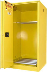 Securall Cabinets - 34" Wide x 34" Deep x 65" High, 18 Gauge Steel Vertical Drum Cabinet with 3 Point Key Lock - Yellow, Sliding Door Door, 1 Shelf, 1 Drum, Drum Rollers Included - Exact Tooling