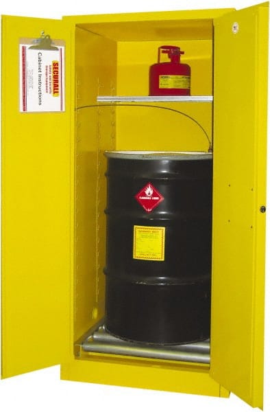 Securall Cabinets - 31" Wide x 31" Deep x 65" High, 18 Gauge Steel Vertical Drum Cabinet with 3 Point Key Lock - Yellow, Manual Closing Door, 1 Shelf, 1 Drum, Drum Rollers Included - Exact Tooling