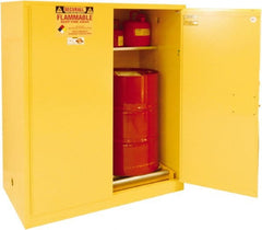 Securall Cabinets - 56" Wide x 31" Deep x 65" High, 18 Gauge Steel Vertical Drum Cabinet with 3 Point Key Lock - Yellow, Manual Closing Door, 3 Shelves, 1 Drum, Drum Rollers Included - Exact Tooling