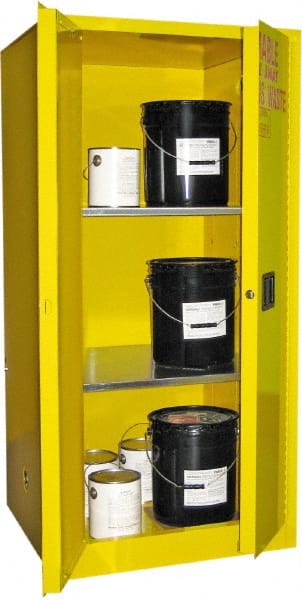 Securall Cabinets - 2 Door, 2 Shelf, Yellow Steel Standard Safety Cabinet for Flammable and Combustible Liquids - 65" High x 31" Wide x 31" Deep, Manual Closing Door, 3 Point Key Lock, 60 Gal Capacity - Exact Tooling