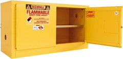 Securall Cabinets - 2 Door, 1 Shelf, Yellow Steel Stackable Safety Cabinet for Flammable and Combustible Liquids - 26" High x 43" Wide x 18" Deep, Self Closing Door, 3 Point Key Lock, 18 Gal Capacity - Exact Tooling