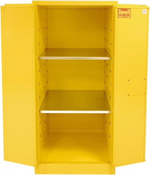 Securall Cabinets - 2 Door, 2 Shelf, Yellow Steel Standard Safety Cabinet for Flammable and Combustible Liquids - 65" High x 31" Wide x 31" Deep, Manual Closing Door, 3 Point Key Lock, 60 Gal Capacity - Exact Tooling