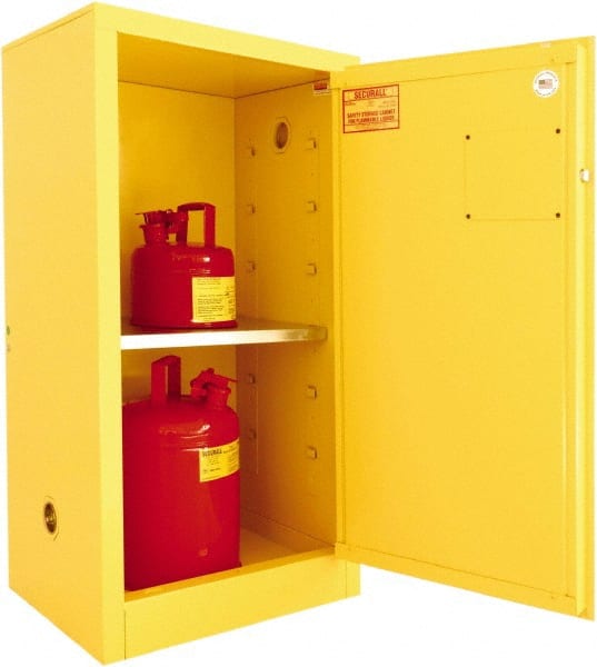 Securall Cabinets - 1 Door, 1 Shelf, Yellow Steel Standard Safety Cabinet for Flammable and Combustible Liquids - 44" High x 23-3/16" Wide x 18" Deep, Manual Closing Door, 3 Point Key Lock, 16 Gal Capacity - Exact Tooling