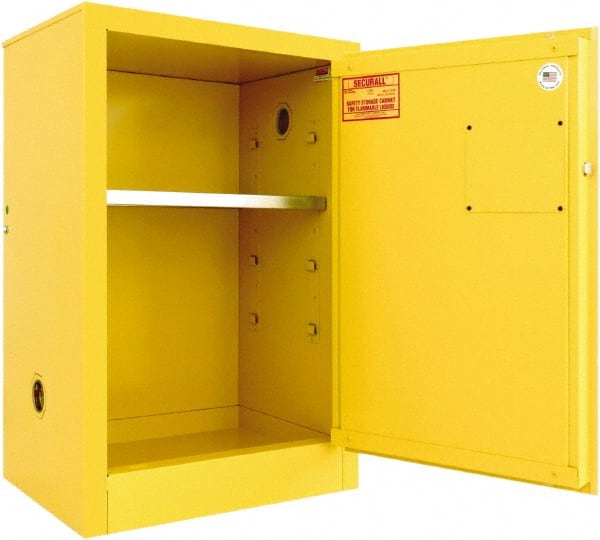 Securall Cabinets - 1 Door, 1 Shelf, Yellow Steel Standard Safety Cabinet for Flammable and Combustible Liquids - 35" High x 24" Wide x 18" Deep, Manual Closing Door, 3 Point Key Lock, 12 Gal Capacity - Exact Tooling