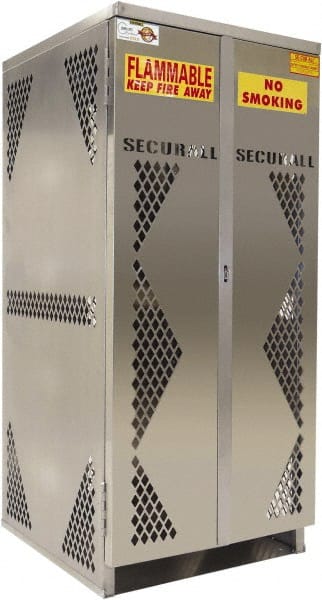 Securall Cabinets - 2 Door, Silver Aluminum Standard Safety Cabinet for Flammable and Combustible Liquids - 65" High x 60" Wide x 32" Deep, Manual Closing Door, Padlockable Hasp, Vertical Cylinder Capacity - Exact Tooling