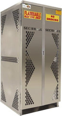 Securall Cabinets - 2 Door, Silver Aluminum Standard Safety Cabinet for Flammable and Combustible Liquids - 65" High x 60" Wide x 32" Deep, Manual Closing Door, Padlockable Hasp, Vertical Cylinder Capacity - Exact Tooling