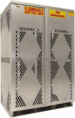 Securall Cabinets - 2 Door, 4 Shelf, Silver Aluminum Standard Safety Cabinet for Flammable and Combustible Liquids - 65" High x 60" Wide x 32" Deep, Manual Closing Door, Padlockable Hasp, 20 or 33 Lb Cylinder Capacity - Exact Tooling