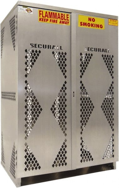 Securall Cabinets - 2 Door, Silver Aluminum Standard Safety Cabinet for Flammable and Combustible Liquids - 65" High x 60" Wide x 32" Deep, Manual Closing Door, Padlockable Hasp - Exact Tooling