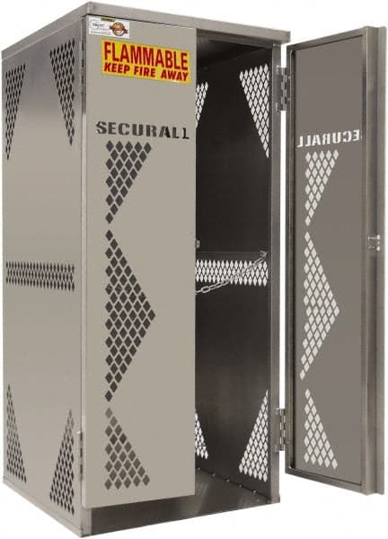 Securall Cabinets - 2 Door, Silver Aluminum Standard Safety Cabinet for Flammable and Combustible Liquids - 65" High x 30" Wide x 32" Deep, Manual Closing Door, Padlockable Hasp, Vertical Cylinder Capacity - Exact Tooling