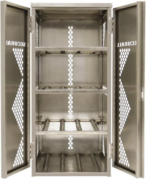 Securall Cabinets - 2 Door, 4 Shelf, Yellow Steel Standard Safety Cabinet for Flammable and Combustible Liquids - 65" High x 30" Wide x 32" Deep, Manual Closing Door, Padlockable Hasp, 20 or 33 Lb Cylinder Capacity - Exact Tooling