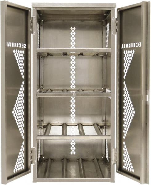 Securall Cabinets - 2 Door, 4 Shelf, Silver Aluminum Standard Safety Cabinet for Flammable and Combustible Liquids - 65" High x 30" Wide x 32" Deep, Manual Closing Door, Padlockable Hasp, 20 or 33 Lb Cylinder Capacity - Exact Tooling