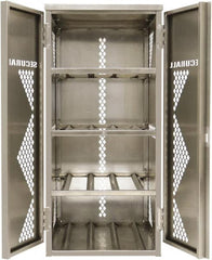 Securall Cabinets - 2 Door, 4 Shelf, Silver Aluminum Standard Safety Cabinet for Flammable and Combustible Liquids - 65" High x 30" Wide x 32" Deep, Manual Closing Door, Padlockable Hasp, 20 or 33 Lb Cylinder Capacity - Exact Tooling