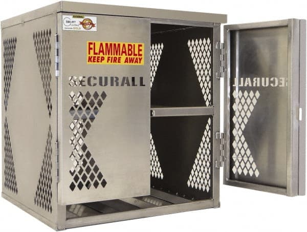 Securall Cabinets - 2 Door, 2 Shelf, Yellow Steel Standard Safety Cabinet for Flammable and Combustible Liquids - 33" High x 30" Wide x 32" Deep, Manual Closing Door, Padlockable Hasp, 20 or 33 Lb Cylinder Capacity - Exact Tooling