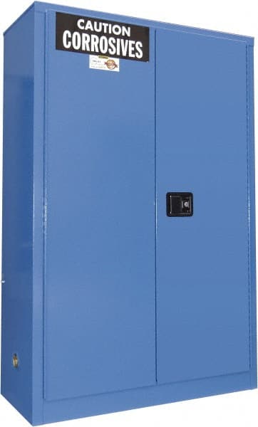Securall Cabinets - 2 Door, 2 Shelf, Blue Steel Standard Safety Cabinet for Corrosive Chemicals - 65" High x 43" Wide x 18" Deep, Manual Closing Door, 3 Point Key Lock, 45 Gal Capacity - Exact Tooling