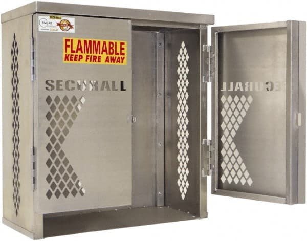 Securall Cabinets - 1 Door, 1 Shelf, Yellow Steel Standard Safety Cabinet for Flammable and Combustible Liquids - 33" High x 31" Wide x 16" Deep, Manual Closing Door, Padlockable Hasp, 20 or 33 Lb Cylinder Capacity - Exact Tooling