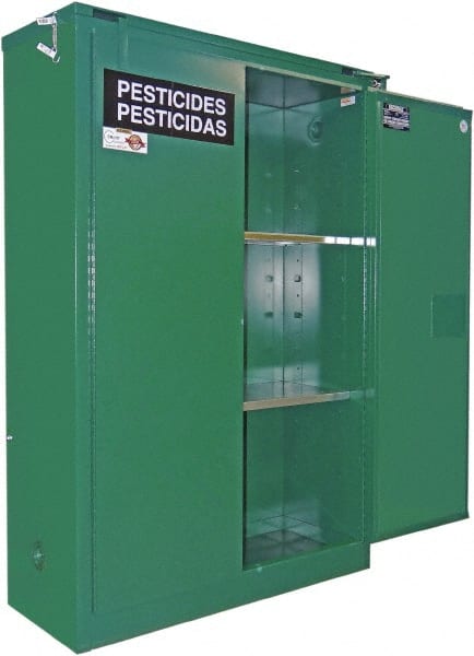 Securall Cabinets - 2 Door, 2 Shelf, Green Steel Standard Safety Cabinet for Flammable and Combustible Liquids - 65" High x 43" Wide x 18" Deep, Manual Closing Door, 3 Point Key Lock, 45 Gal Capacity - Exact Tooling